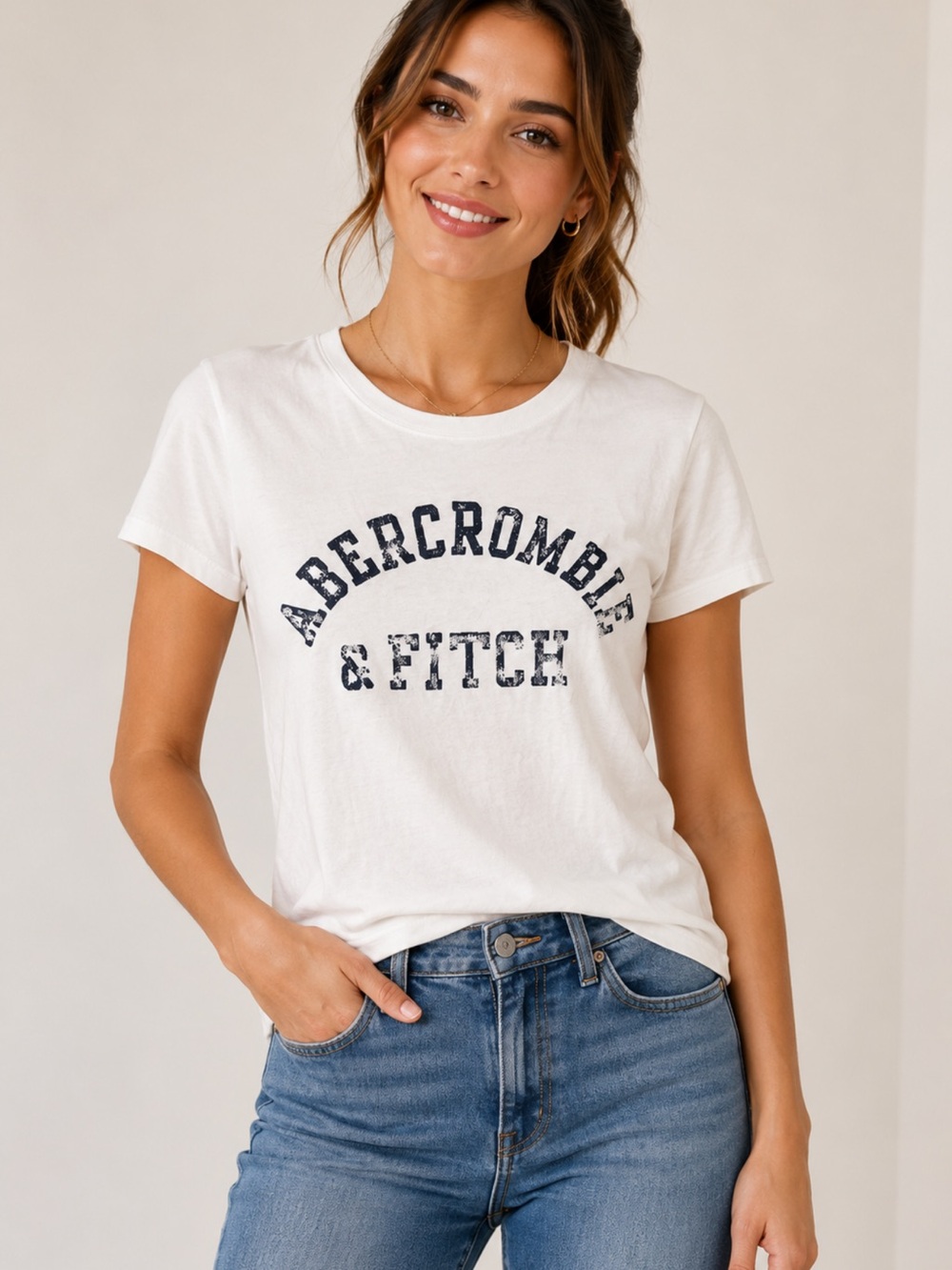 Abercrombie & Fitch White Short Sleeve Tee with Distressed Navy Logo